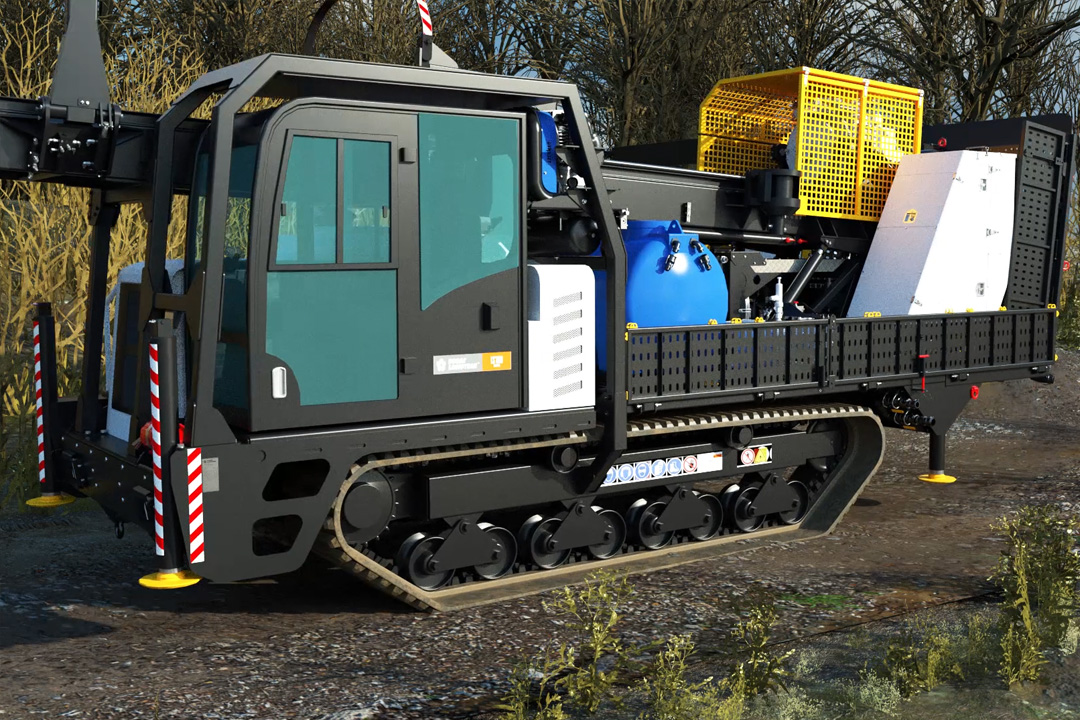 Mobile core-sampling machine with sonic drill, rolling into a jobsite to extract geological samples from the ground