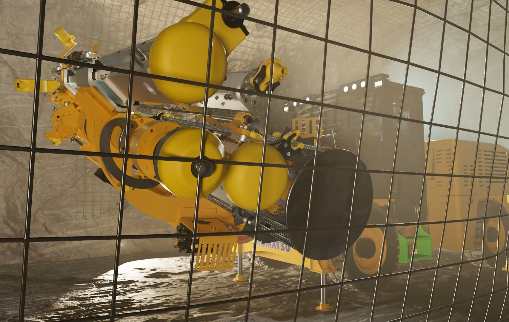 Hard rock drilling machine picking up a roof support mesh in mine tunnel